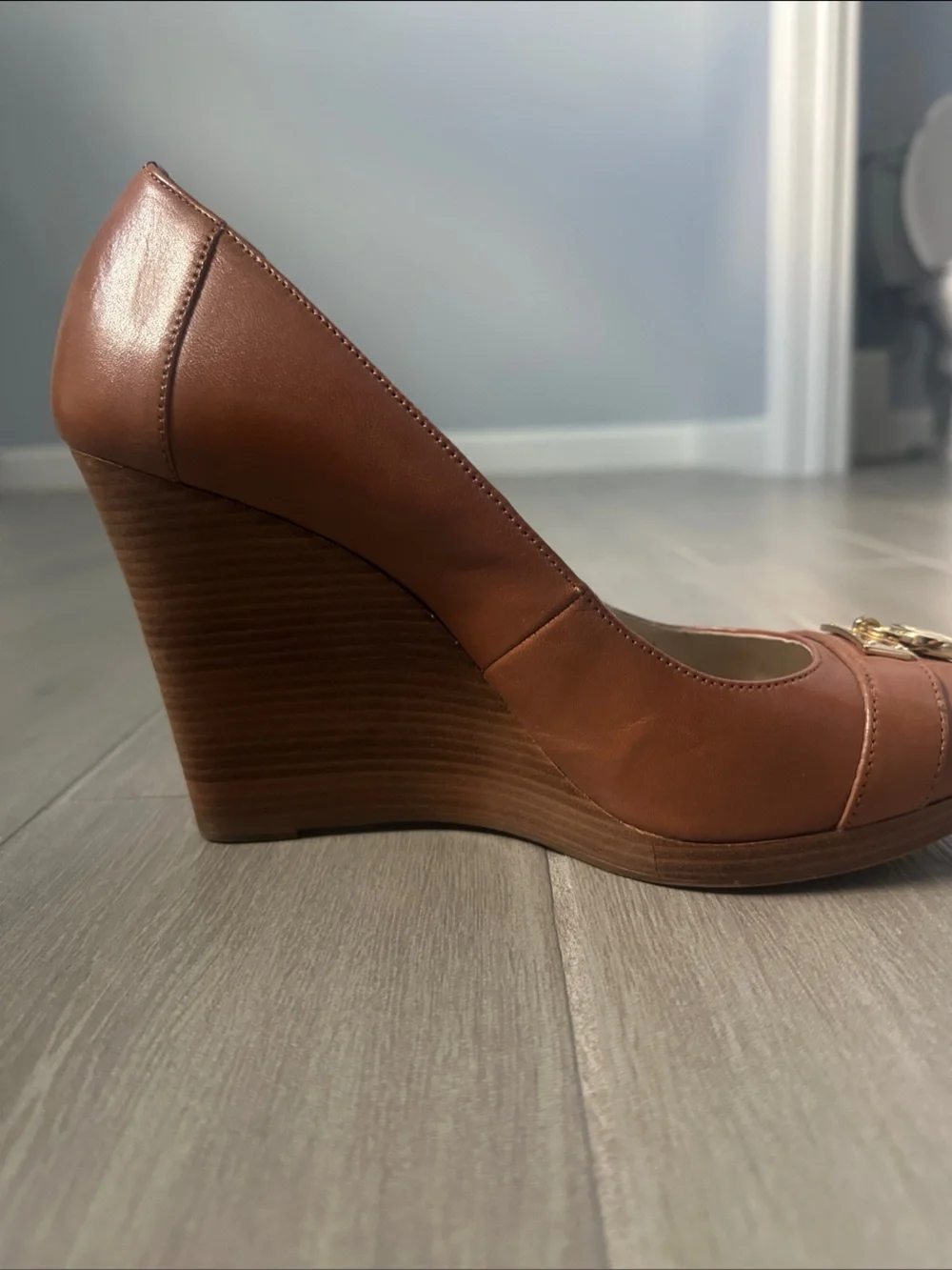 Michael Kors Cognac Leather Peep-Toe Platform Pumps with Gold Emblem